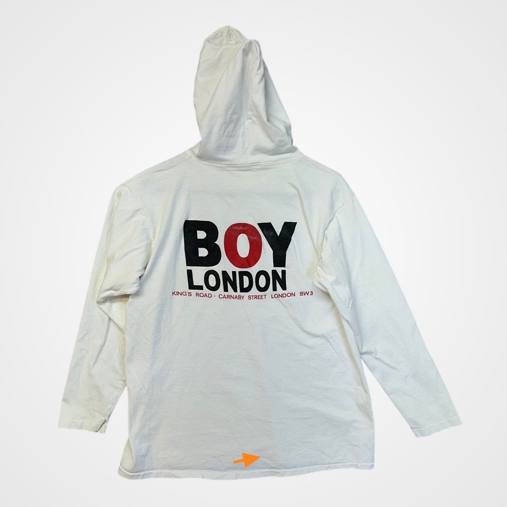Boy London Hooded T-Shirt Mens White Fair Vintage Graphic Long Sleeve Streetwear - Picture 2 of 8